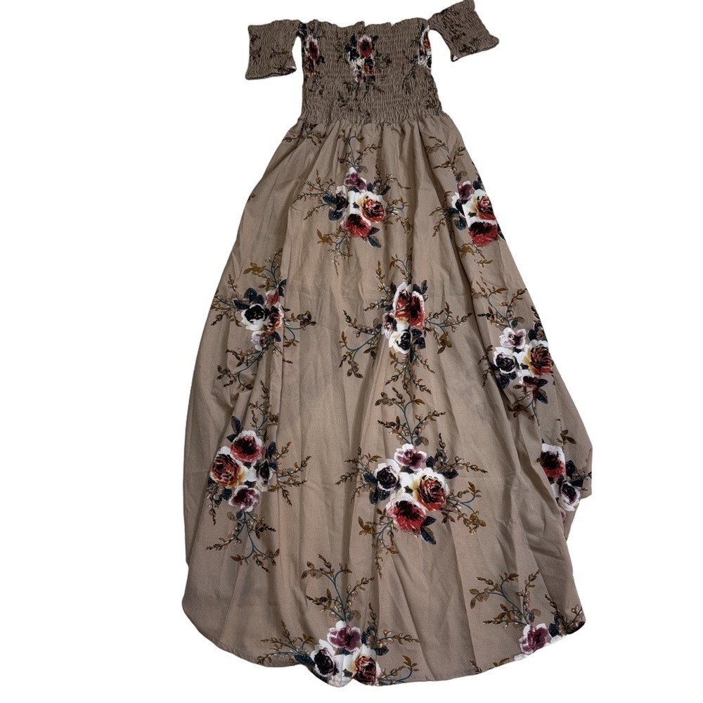 Floral On Off-Shoulder Boho Chiffon Maxi Dress Size S Tan Slit Split Front NWOT - Picture 3 of 12